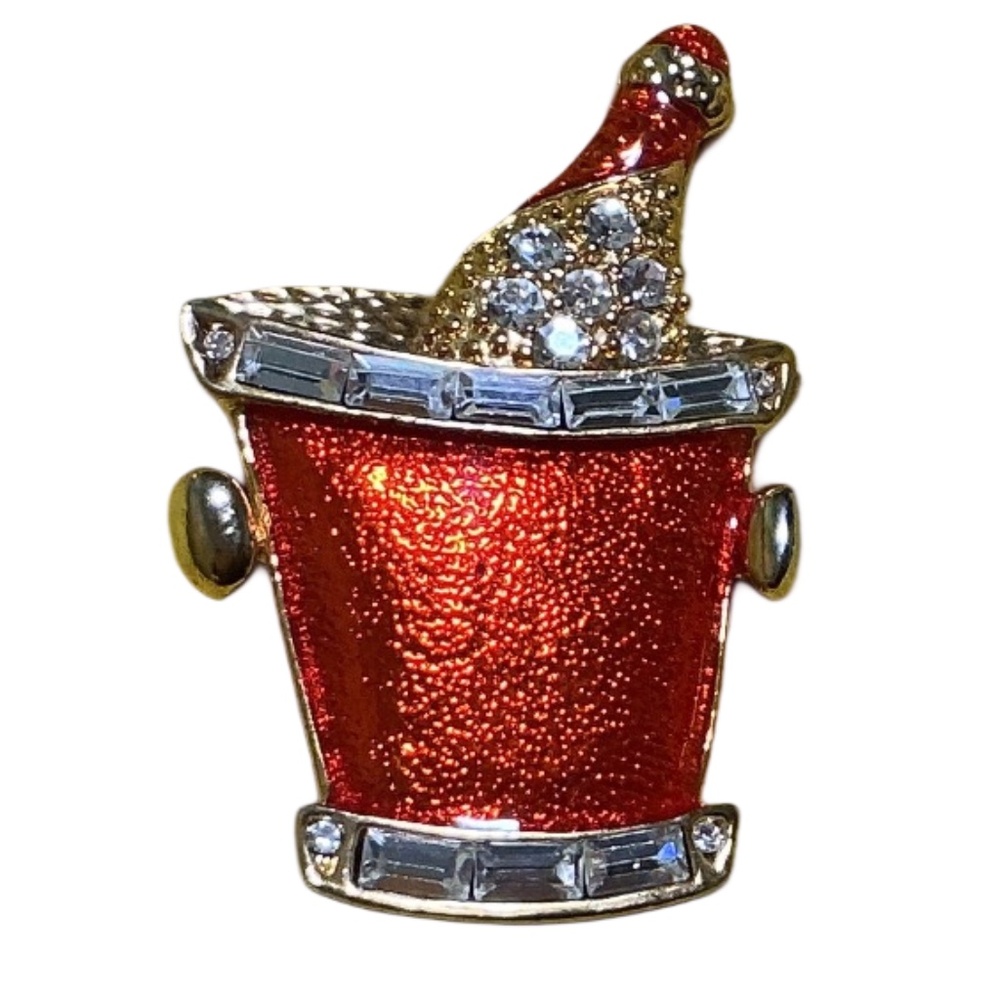 Kirk’s Folly Brooch Champagne Bucket Red Glitter Enamel Rhinestone Celebration